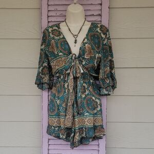 💗 NWOT Fun & Flirty Floral Poly Silk Romper Ties at Bust Teal Brown Purple  M